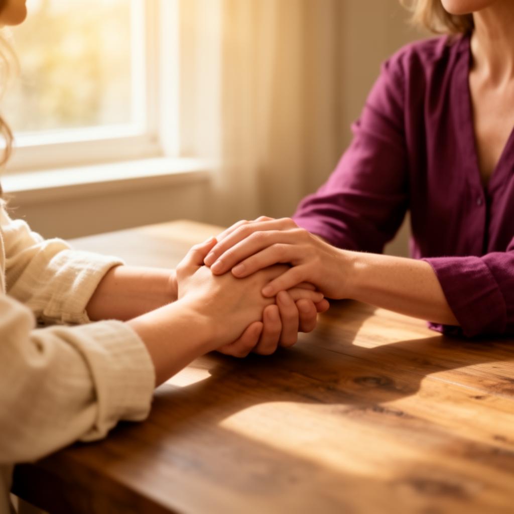 Two people's hands clasped together in support at a sunlit table